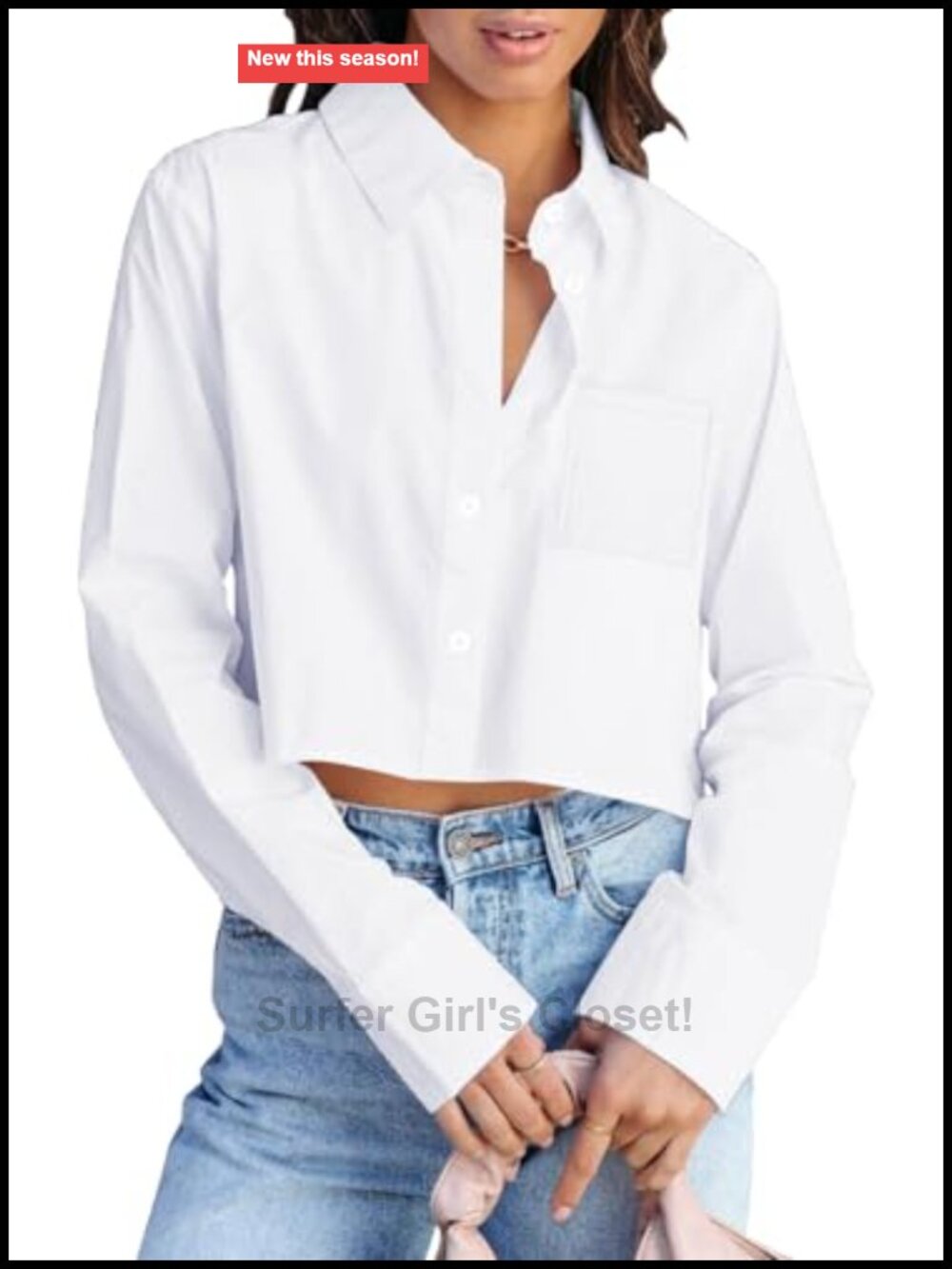 Women's Long Sleeve Button Down Crop Top Cotton Blouse